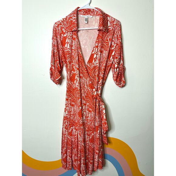 Vtg DVF Diane Von Furstenberg Dress 12 100% Silk Wrap Mini Large Orange Floral - Picture 1 of 7